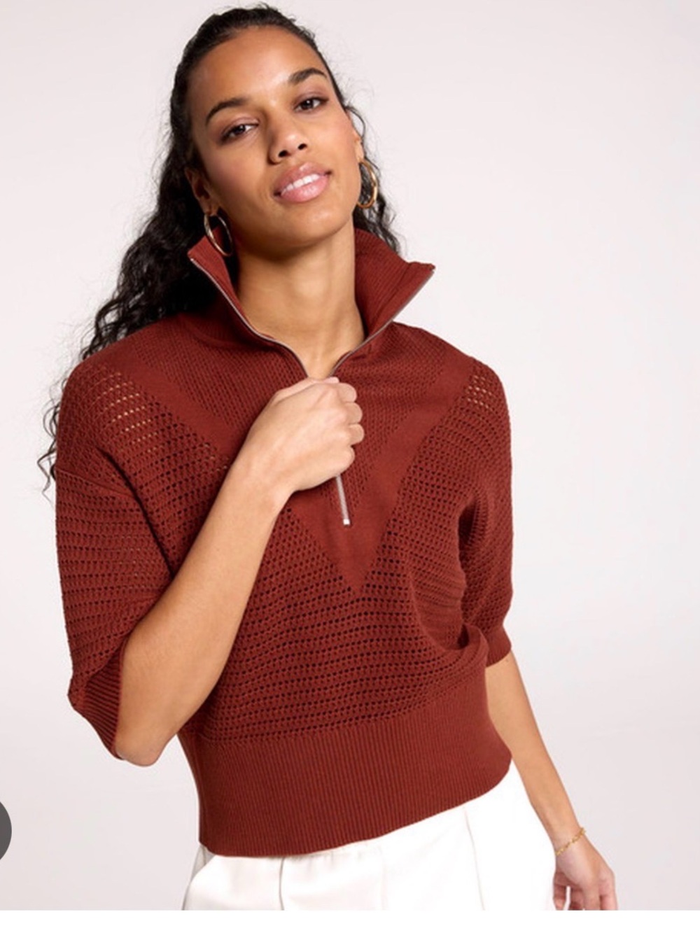 CALIA by Carrie Underwood Short-Sleeve Half-Zip Turtleneck Sweater - Rust